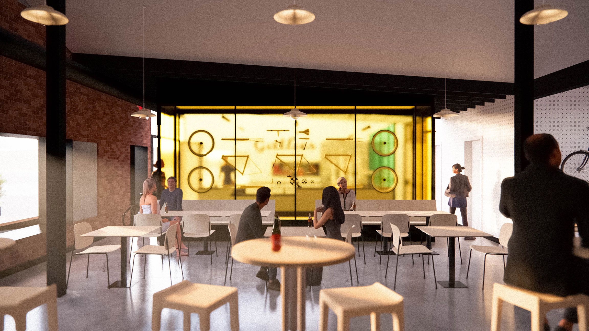The Miracle Cure: Neighborhood Bike Shop and Bar Bike Shop View interior view of the bike repair shop from the bar, patrons sitting at tables conversing