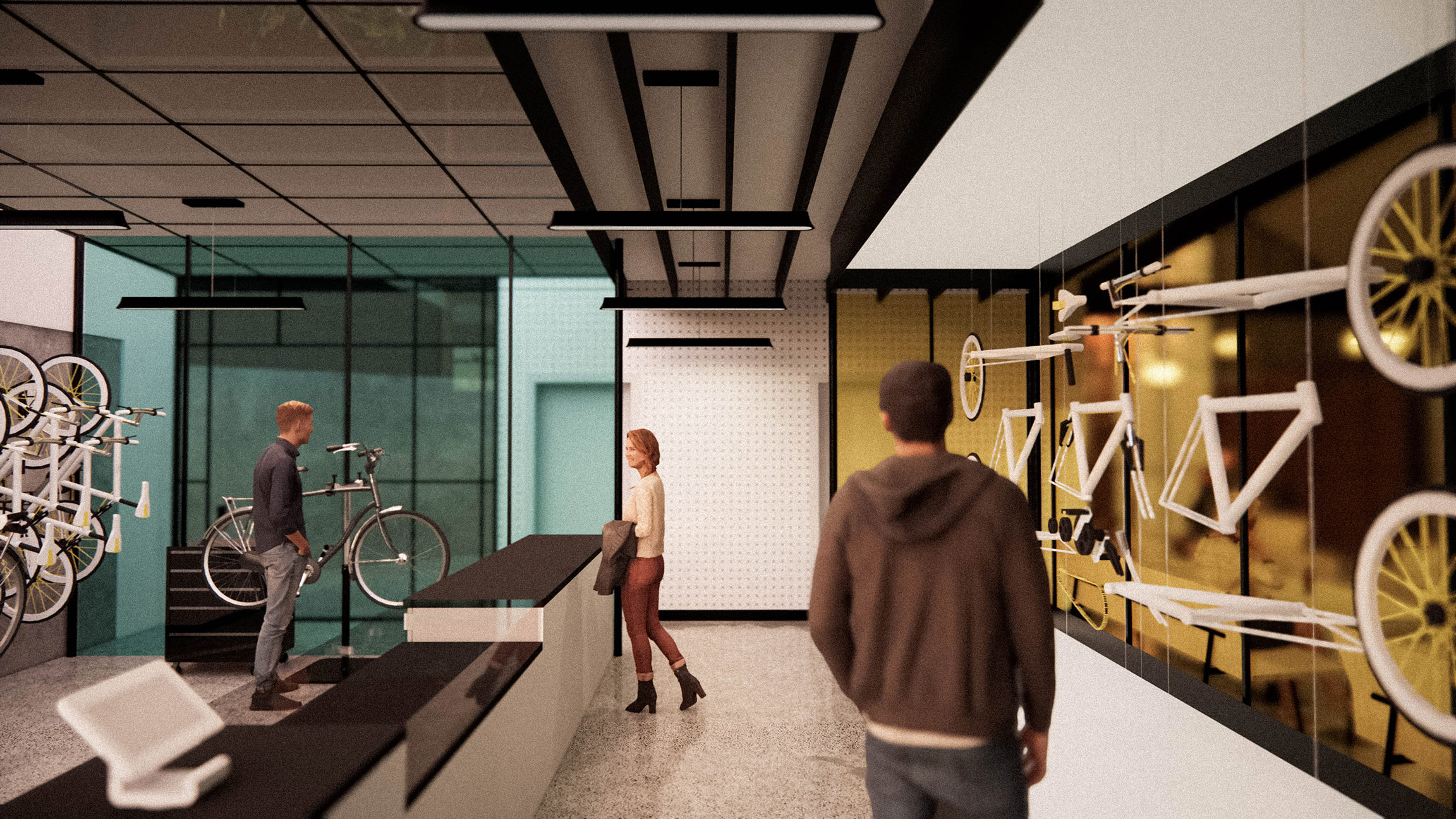 The Miracle Cure: Neighborhood Bike Shop and Bar Repair Counter bike repair counter with a customer and worker talking