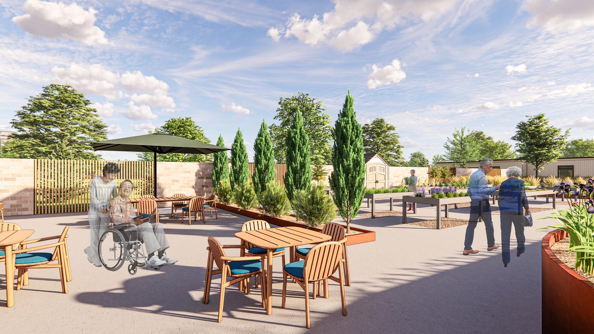 Forget Me Not Memory Care Outdoor plaza Forget Me Not Memory Care by Rebecca Greene, Kenna Hibbs, Hailey Krueger, and Kaytlyn Meseke - IARC Capstone