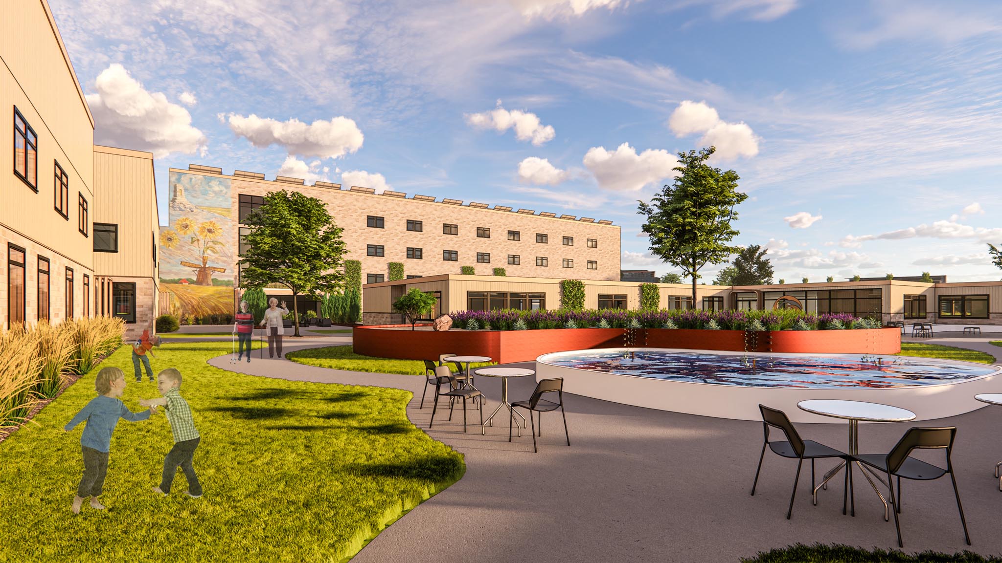 Forget Me Not Memory Care Outdoor plaza Forget Me Not Memory Care by Rebecca Greene, Kenna Hibbs, Hailey Krueger, and Kaytlyn Meseke - IARC Capstone