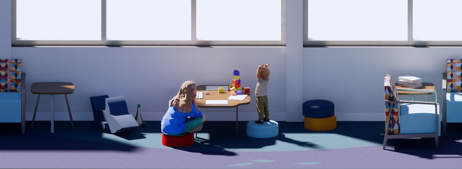 Waiting and reception area of GOODFISH, image of two children playing