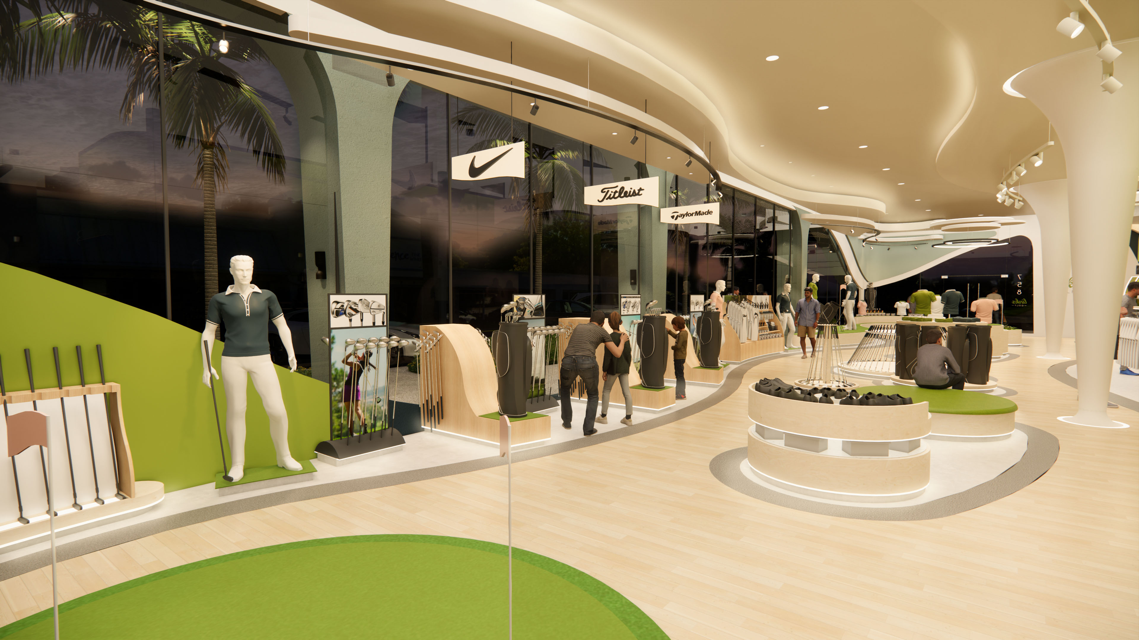 night time view of the golf club retail section of a store with patrons trying out clubs