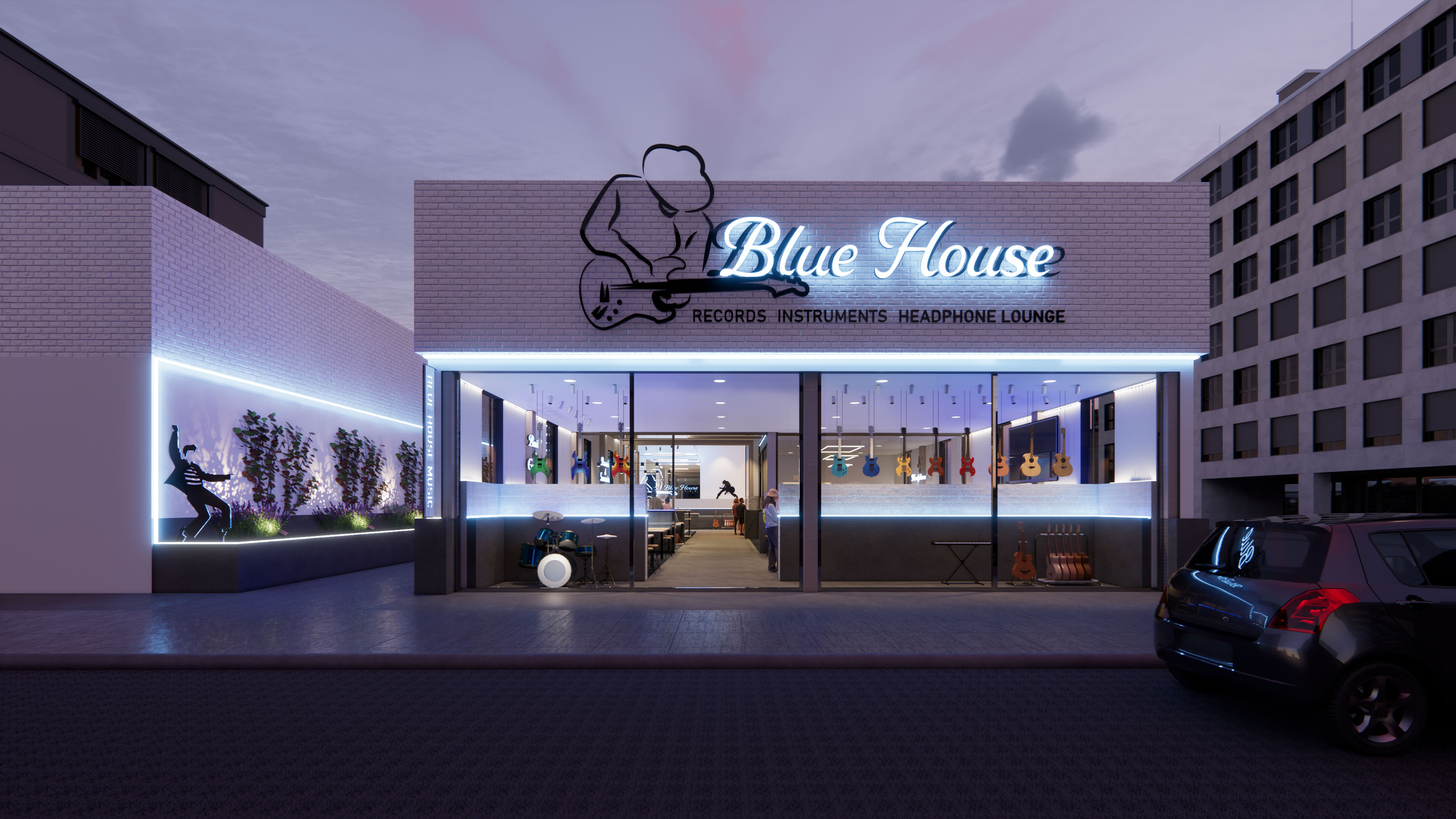 night time exterior view of the Blue House Music store with a neon sign