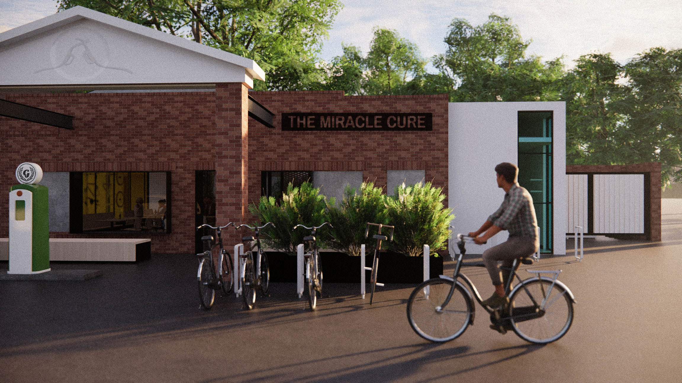 exterior view of the bike shop with a person riding by on a bike