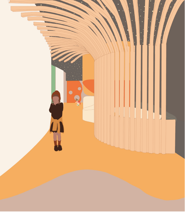illustration of a child walking though a hallway with a decoration that looks like a tree