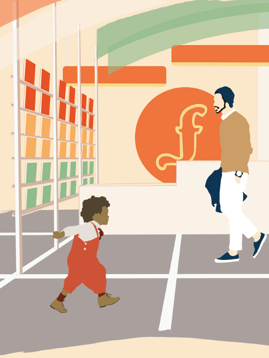 illustration of a man and a child walking toward eachother indoors near a bookshelf