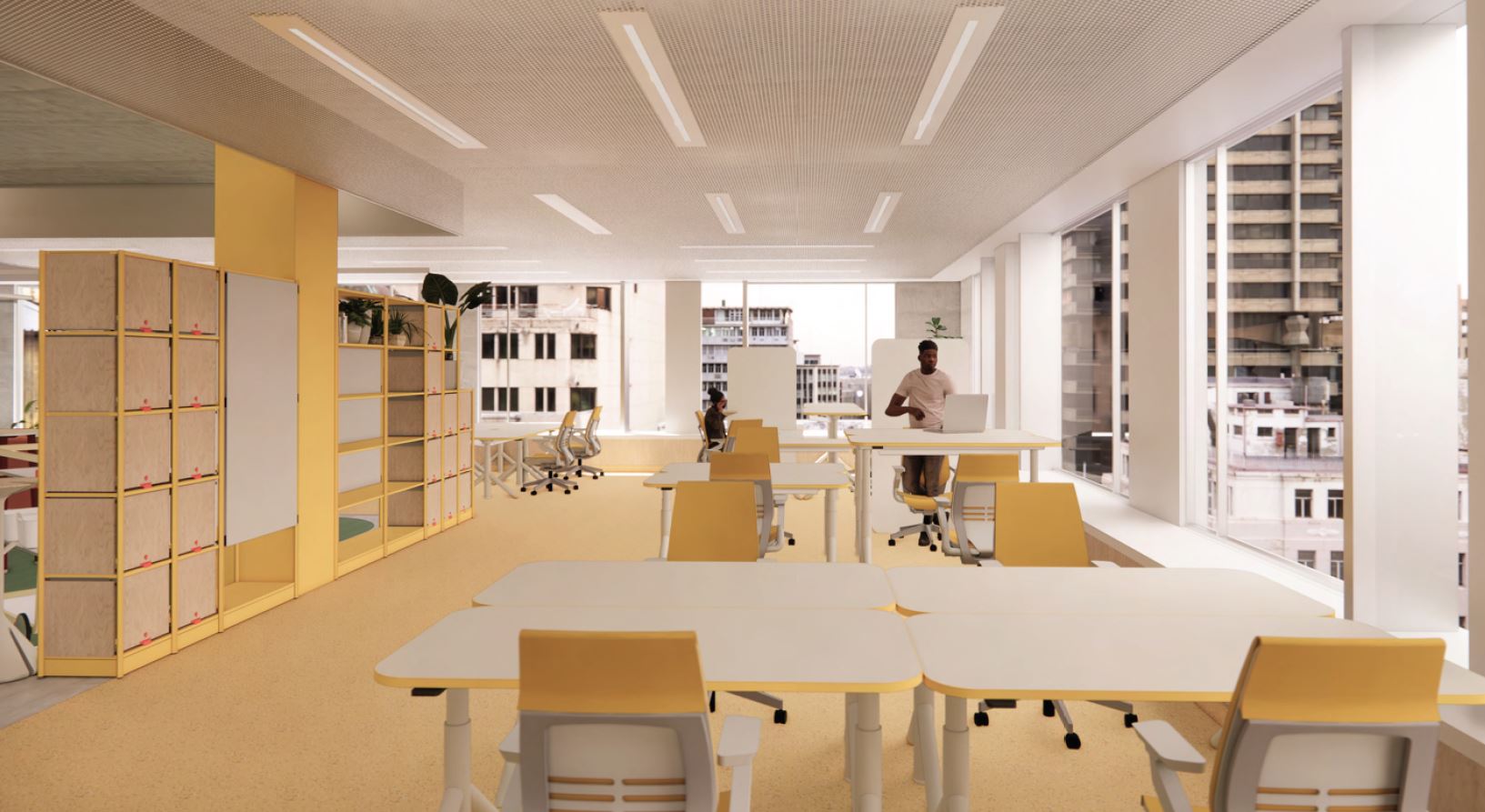interior view of a collaborative workspace with tables and chairs