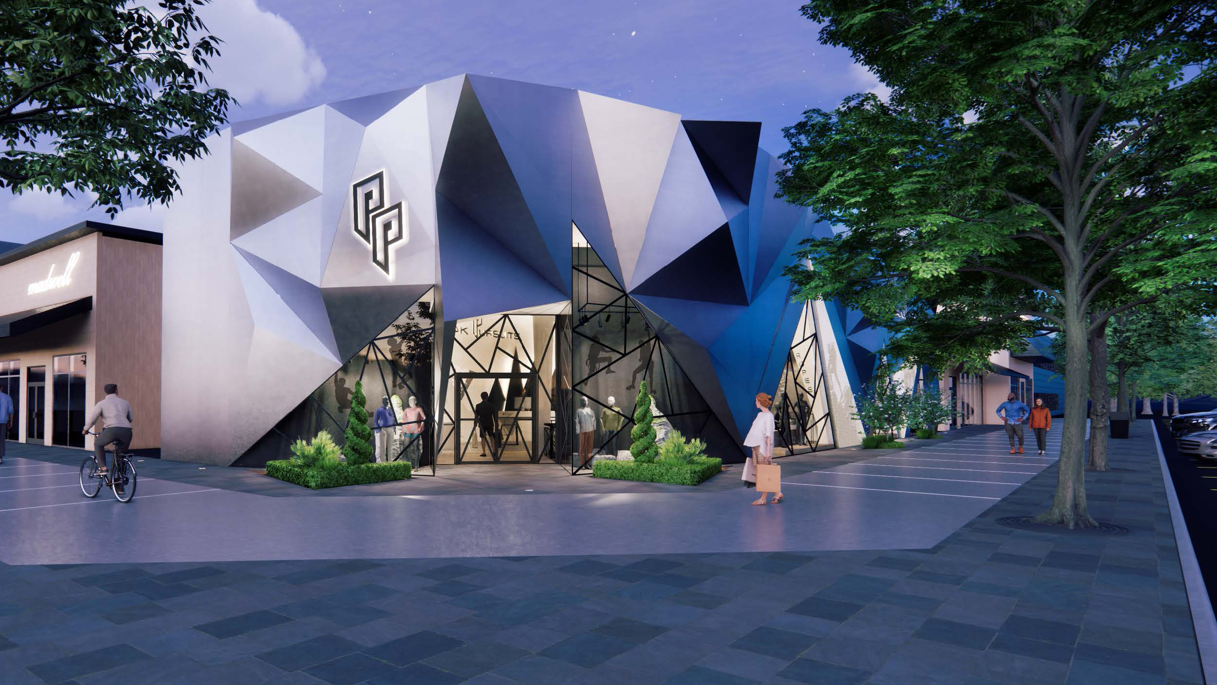 image of lady walking dog in front of store