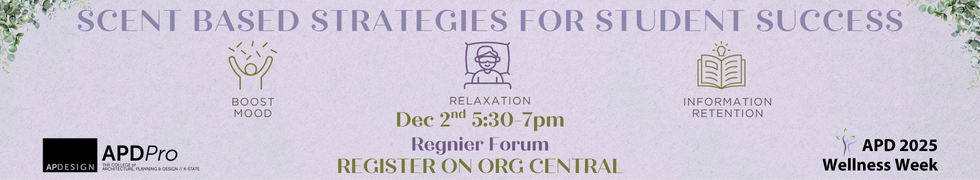 Banner titled Scent Based Strategies for Student Success. Images to emphasize how aromatherapy can improve mood, relaxation & focus. 